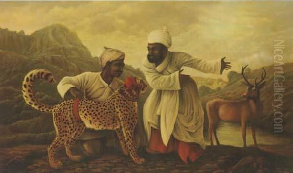 Two Men Training A Cheetah To Hunt Deer - view 1