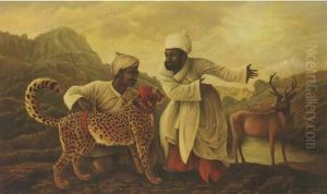 Two Men Training A Cheetah To Hunt Deer