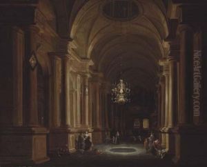 A Darkened Church Interior With Children Playing And Elegant Figures Conversing by Anthonie De Lorme