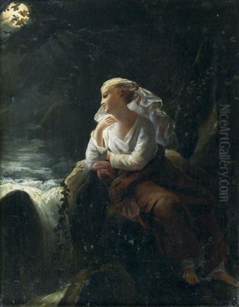 Jeune Fille Revant Au Bord D'une Cascade Au Clair De Lune - view 1
