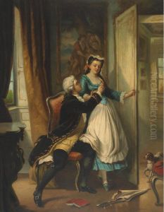 Lovers In A Period Interior With A Dog In Thedoorway by Charles Edouard Edmond Delort