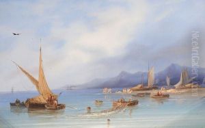 Pecheurs Et Bateau A Vapeur Au Loin.