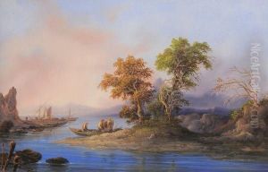 Personnages Pres De La Riviere Et Le Retour De La Peche. by Giuseppe Delpinoy