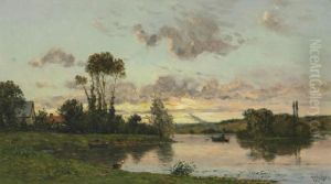Sunset On The Banks Of The River by Hippolyte Camille Delpy
