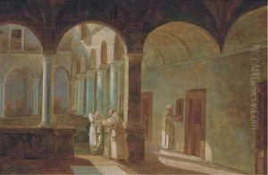 Monks In A Sunlit Cloister by Ferdinand Marie Delvaux