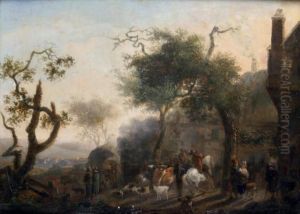 Troupeau Et Cavalier A L'entree D'un Village