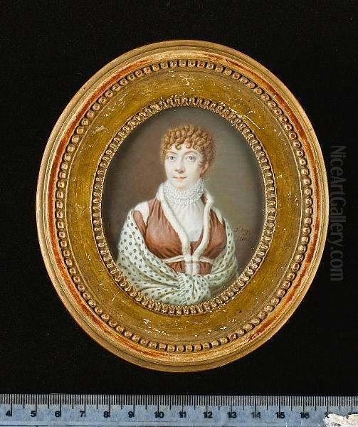 A Lady, Wearing Brown Robe Trimmed With White Fur Over Brown Dress, White Fill-in And Ruff, A White Shawl With Red And Green Motif About Her Shoulders. - view 1