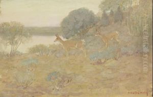 Antelopes In Wyoming Landscape by Edwin Willard Deming