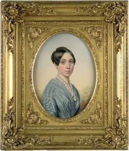 Portrait D'une Jeune Femme En Bleu, Les Cheveux Rattaches En Chignon by Augustin-Luc Demoussy