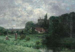 Landscape With Figures In A Meadow And Castle In The Background by Gustave Den Duyts