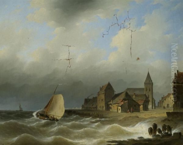 Sailing Vessels Off The Coast Near A Dutch Town - view 1