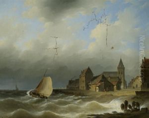 Sailing Vessels Off The Coast Near A Dutch Town by Herman Henry Op Der Heijde