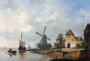 Belebte Kuste Mit Windmuhle Und Schiffsverkehr by Herman Henry Op Der Heijde
