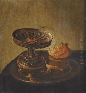 Still Life With A Tazza And Bread Roll On A Pewter Plate On A Draped Ledge