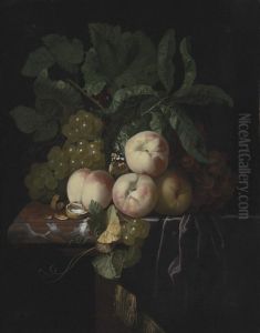 Still Life Of Peaches And Bunches Of Grapes Resting On A Marble Ledge by Isaak Denies