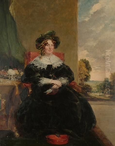 Portrait Of A Seated Lady Wearing A Black Dress With A Lace Colour, Flowers Beside Her And A Landscape Beyond - view 1