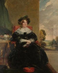 Portrait Of A Seated Lady Wearing A Black Dress With A Lace Colour, Flowers Beside Her And A Landscape Beyond by Stephen Poyntz Denning