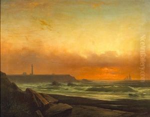 The Lighthouse At Point Arena With A Schooner Offshore