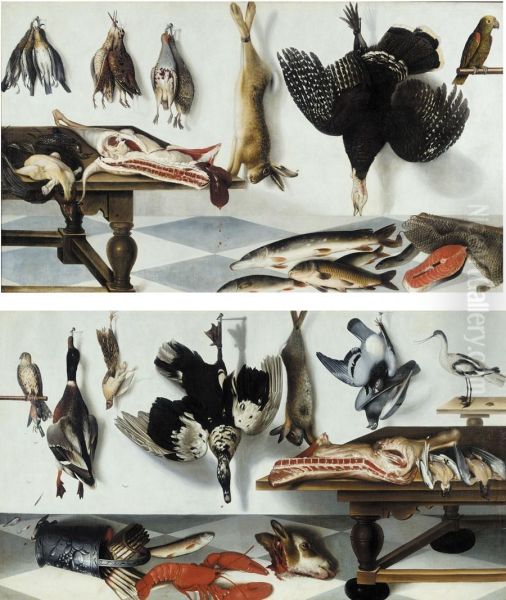 Game Larder With A Hare Partridge Snipea Turkey Head Asparagus Lobster And Trout With A Hawk And A Plove - view 1