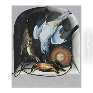 A Trompe L'oeil With A Hunting Still Life Of Birds And A Flacon In A Niche by Cornelis V. Bilt Der Biltius