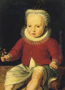 Portrait Of A Child, Three-quarter-length, In A White Dress And A Red Coat, Seated On A Pillow, Holding A Bunch Of Flowers