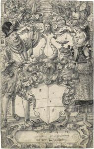 The Arms Of Habsberg Flanked By An Elegant Couple by Daniel Jungere Der Lindtmayer
