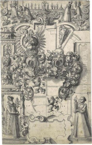 Armorial Design With Two Elegant Ladies Bearing Plants Flanking Thearms Of The Solms Family - view 1