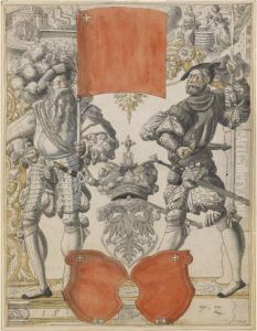 The Arms Of Canton Schwyz Between Two Militiamen, With Christ Andthe Woman Of Samaria Above by Daniel Jungere Der Lindtmayer