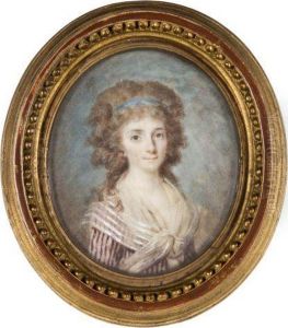 Jeune Femme A Mi-corps En Robe Rose Rayee De Brun, Guimpe Blanche Sur Les Epaules, Ses Cheveux Tenus Par Un Ruban Bleu
