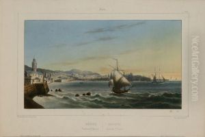 "genova, Veduta Da San Teodoro", Litografia Acquerellata, Paris,lemercier, Xix Secolo, Mm. 240x370, In Cornice