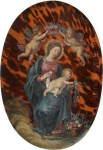 Vierge A L'enfant Couronnee De Fleurs Par Des Angelots by Claude Deruet