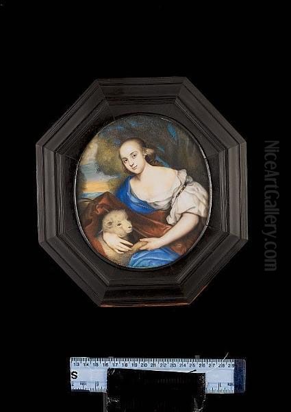 A Lady, In The Guise Of A Shepherdess, Seated In A Landscape, Wearing White Dress With Gold Armlet Set With Pearls And Jewels, Blue Cape Over Her Right Shoulder, Strand Of Pearls Across Her Chest, A Houlette And Further Brown Drapery Across Her Lap, She H - view 1