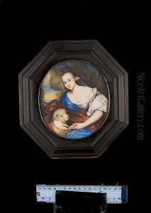 A Lady, In The Guise Of A Shepherdess, Seated In A Landscape, Wearing White Dress With Gold Armlet Set With Pearls And Jewels, Blue Cape Over Her Right Shoulder, Strand Of Pearls Across Her Chest, A Houlette And Further Brown Drapery Across Her Lap, She H A Lady, In The Guise Of A Shepherdess, Seated In A Landscape, Wearing White Dress With Gold Armlet Set With Pearls And Jewels, Blue Cape Over Her Right Shoulder, Strand Of Pearls Across Her Chest, A Houlette And Further Brown Drapery Across Her Lap, She H