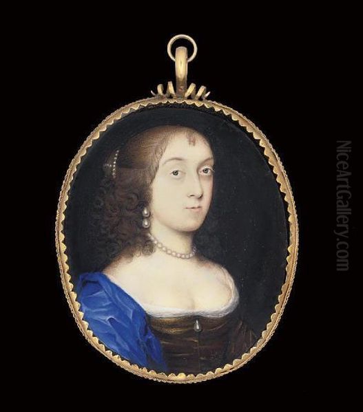 A Lady Called Catherine Of Braganza, In White Silk-bordered Russet Dress, Drop-pearl At Corsage, Blue Shawl, Pearl Necklace, Double Drop-pearl Earring, Pearls In Her Upswept Brown Hair Dressed In Curls - view 1