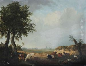 Jonge Herder Met Koeien Bij Zandweg Met Dorp In De Verte