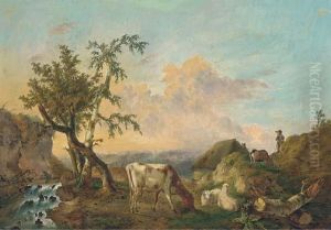 Sheep And Cattle Grazing Beside A Stream With A Shepherd Lookingon by Charles Desan