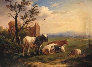 Sheep And A Donkey In A Meadow; And Cattle With A Goat In Ameadow by Charles Desan