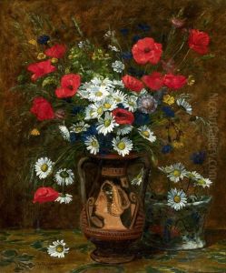 Bouquet De Coquelicots, Marguerites Et Autres Fleurs Dans Un Vase Grec by Charles Desavary