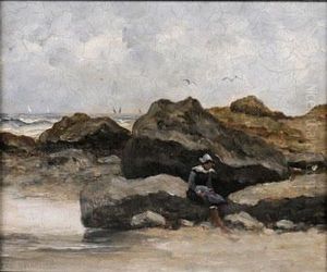 Bretonne En Bord De Mer Assise Sur Un Rocher by Jean Desbrosses