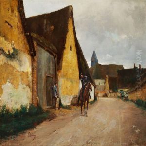 Man On Horseback In A French Village by Louis Henri Deschamps
