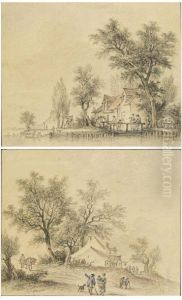 Paysages Animes : Une Paire Crayon Noir Et Aquarelle by Aignan-Thomas Desfriches