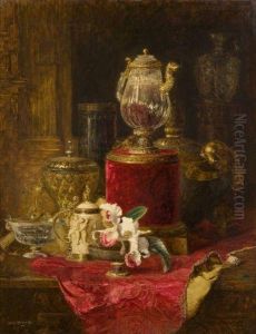 Composition A La Verseuse En Cristal De Roche, A La Chope En Ivoire, Coupe En Serpentine Et Orchidee by Blaise Alexandre Desgoffe