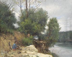 Flussuferpartie Mit Angler by Charles-Felix-Edouard Deshayes