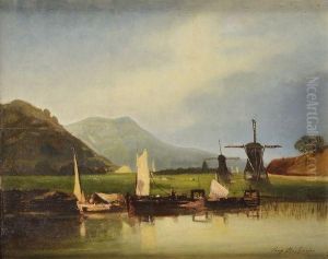 Barques A Voiles Sur Un Canal Hollandais by Eugene Deshayes