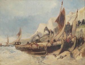Fishing Vessels On The Shore, Brittany by Eugene Deshayes