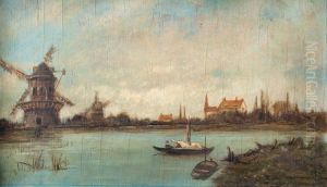 Paisaje Con Molino Y Botes by Eugene Deshayes