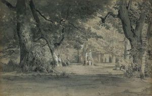Paysage De Sous - Bois Avec Femme Portant Des Fagots Et Promeneurs