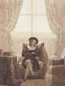 Raphael Assis Dans Un Interieur Rennaissance, Sa Palette Et Uncarton A Dessins A Sa Gauche by Augustin Francois B. Desmoulins