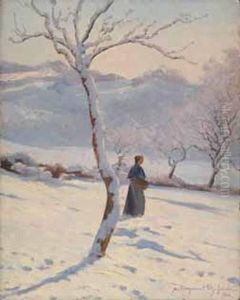 Paysanne Marchant Dans La Neige