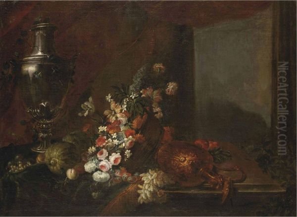An Urn, A Wicker Basket Filled With Flowers And A Golden Can, All On A Wooden Ledge - view 1